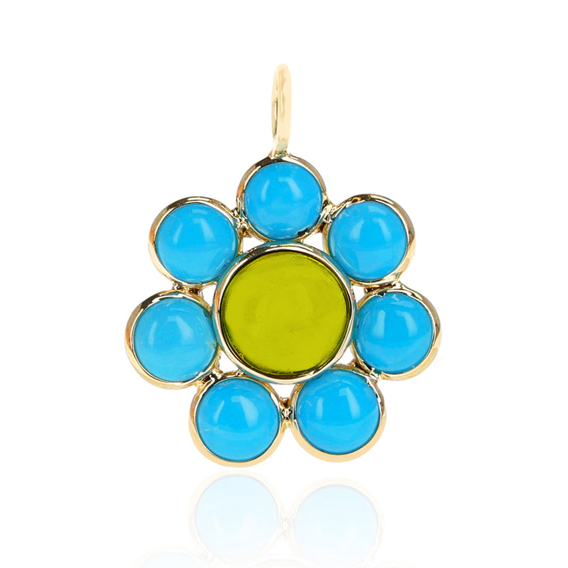 Turquoise & Tourmaline Floral Pendant, 18K