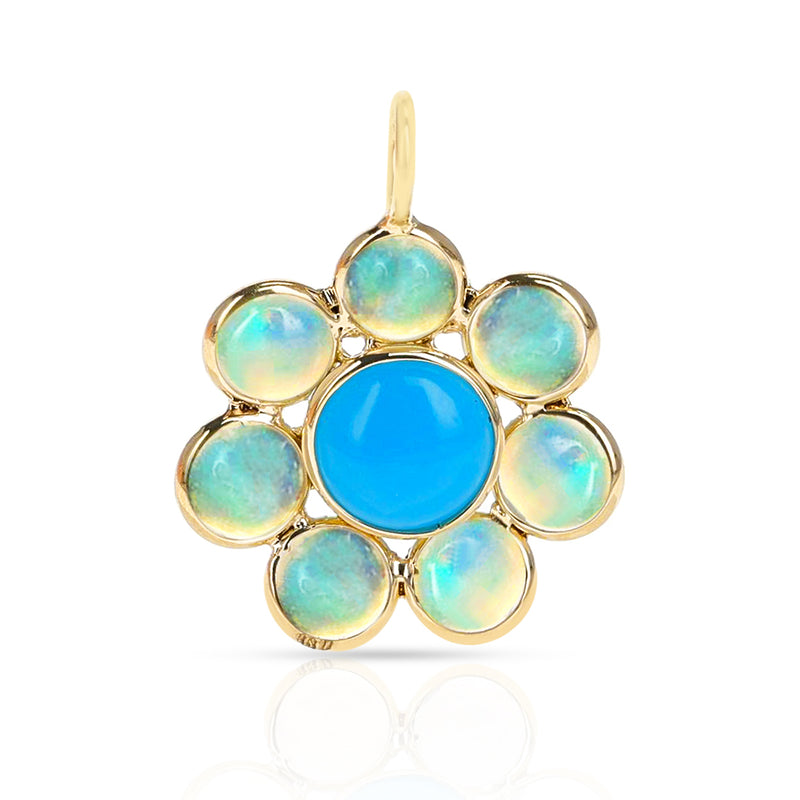 Opal and Turquoise Floral Pendant, 18K Yellow Gold