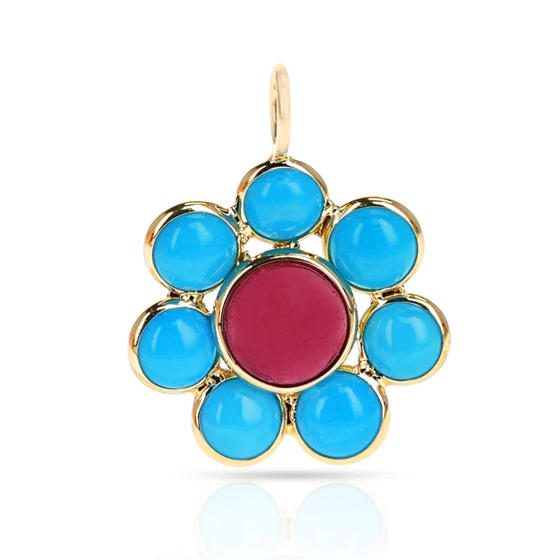 Turquoise & Tourmaline Floral Pendant, 18K