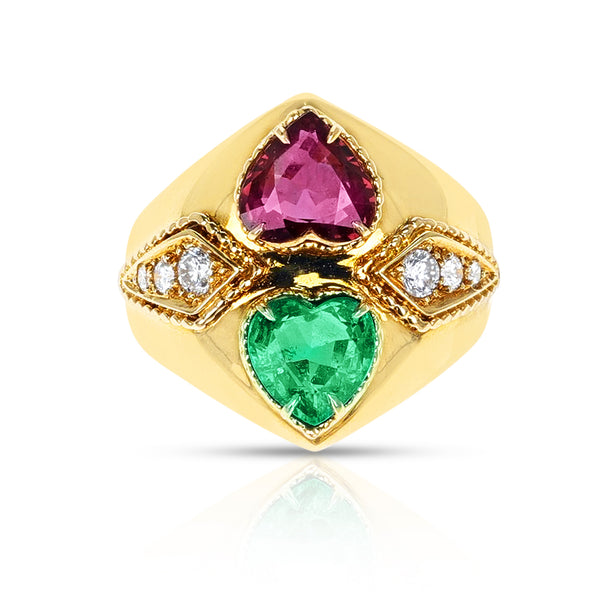 Emerald and Ruby Heart Ring with Diamonds, 18k