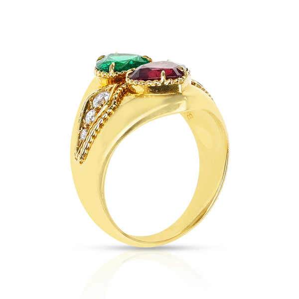 Emerald and Ruby Heart Ring with Diamonds, 18k