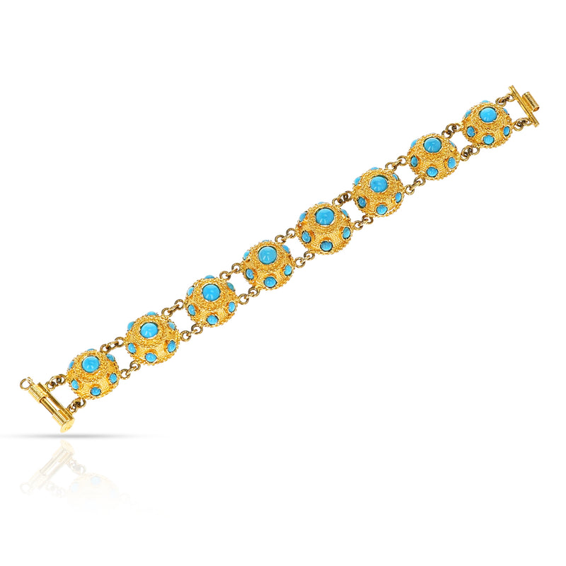 Turquoise Cabochon and Gold Bracelet, Part of Set