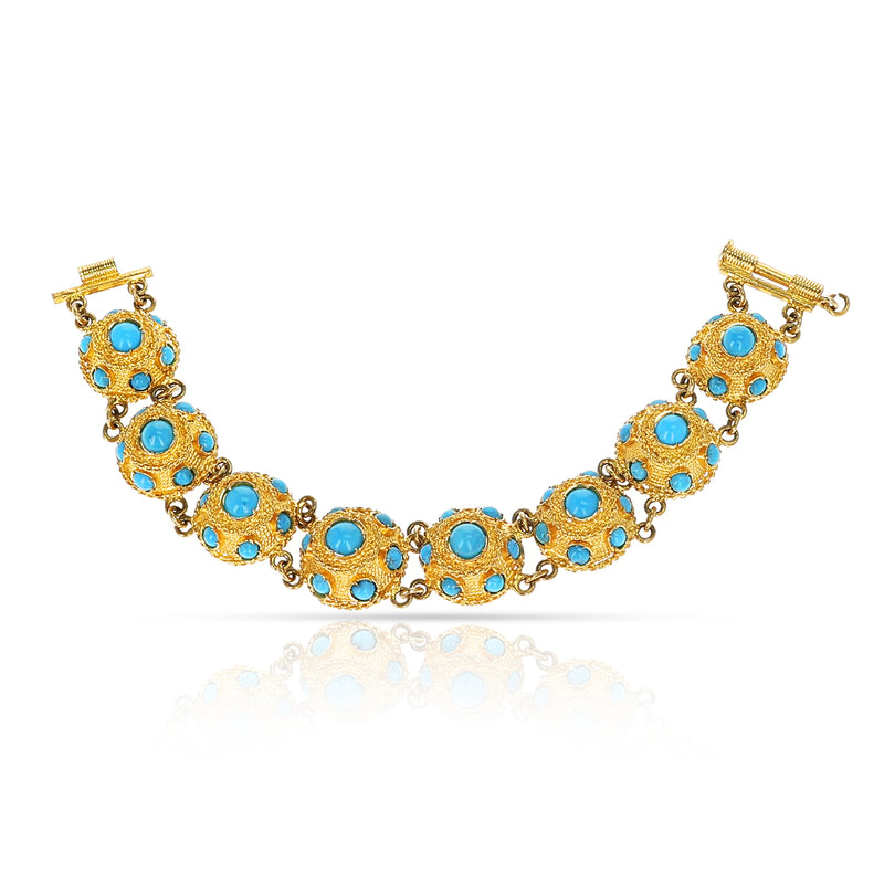 Turquoise Cabochon and Gold Bracelet, Part of Set