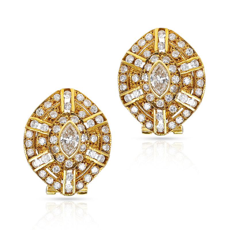 Curved Diamond and Yellow Gold Earrings, 18 Karat
