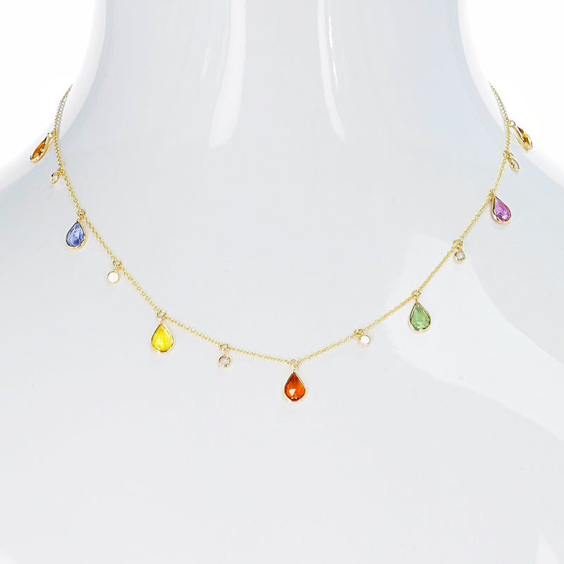 Pear Shape Multi-Sapphire and Diamond Rose Cut Drops Necklace, 18K