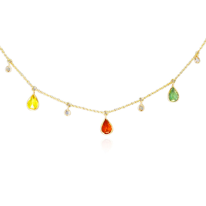 Pear Shape Multi-Sapphire and Diamond Rose Cut Drops Necklace, 18K