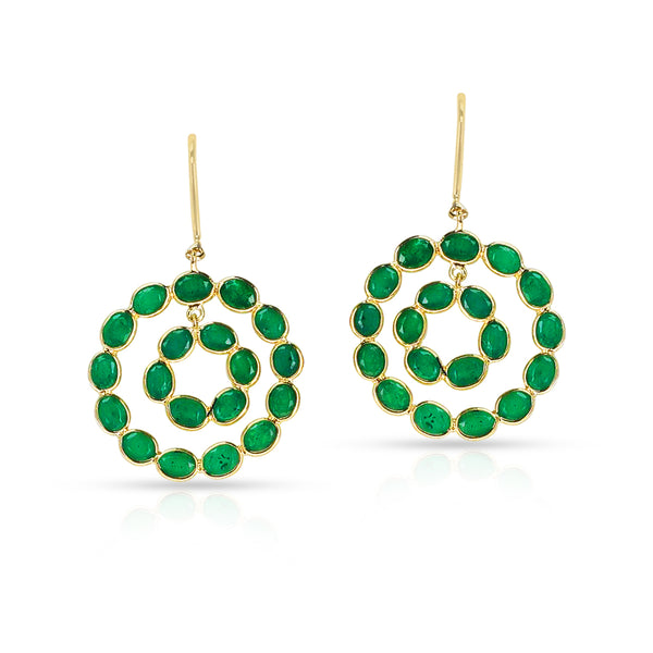 Double Circle Emerald Dangling Earrings, 18K