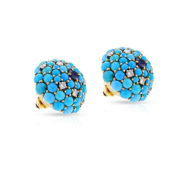 Round Turquoise, Sapphire and Diamond Earrings, 18k Yellow