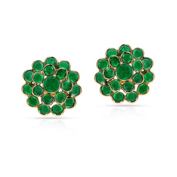 Emerald Cabochon Floral Earrings, 18K