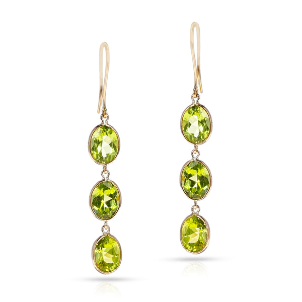 Three Oval Peridot Dangling Earrings, 18K