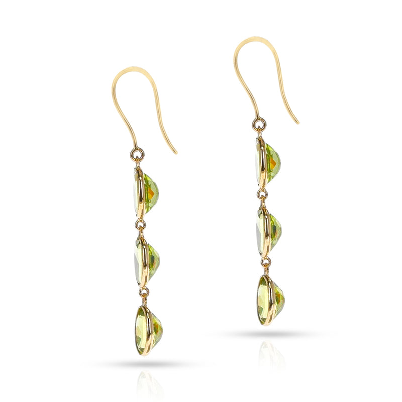 Three Oval Peridot Dangling Earrings, 18K