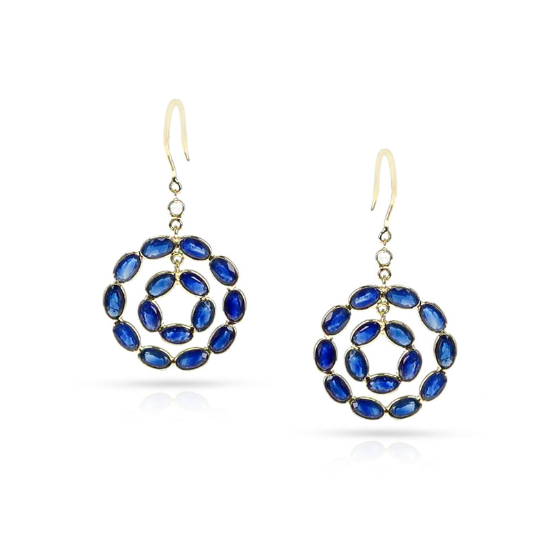 Double Circle Blue Sapphire with Diamond Rose Cut Earring, 18K