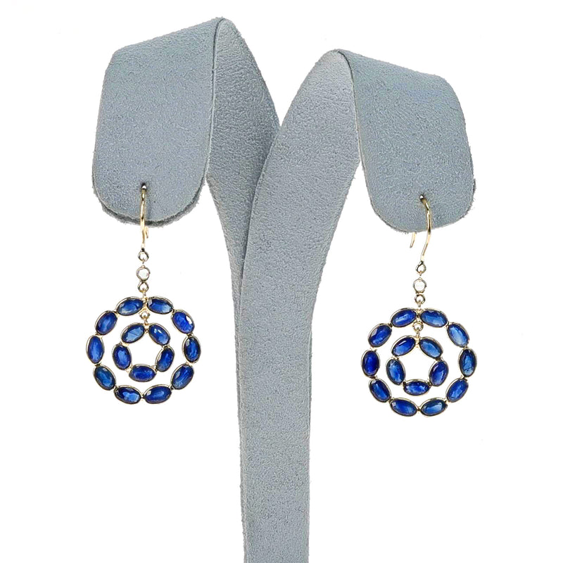 Double Circle Blue Sapphire with Diamond Rose Cut Earring, 18K