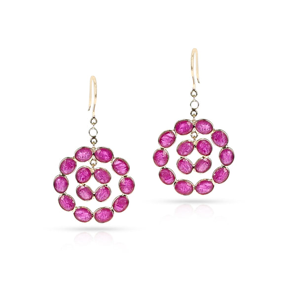Double Circle Ruby Earrings with Diamond, 18K