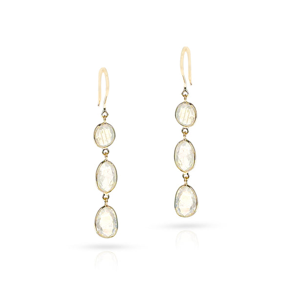 Three Rainbow Moonstone Dangling Earrings, 18K