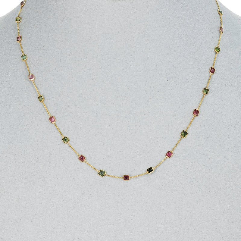Square Cut Multi-Tourmaline Necklace, 18K