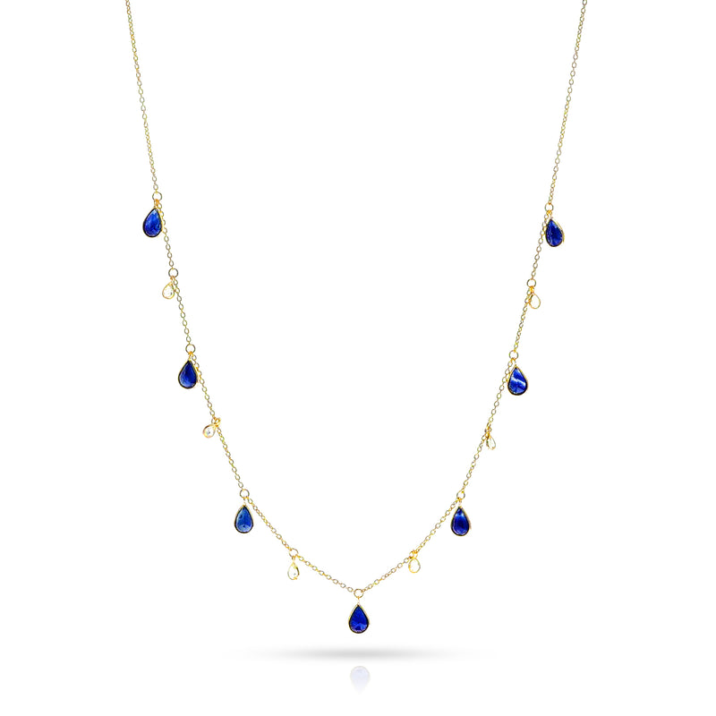 Pear Shape Sapphire and Diamond Rose Cut Drops Necklace, 18K