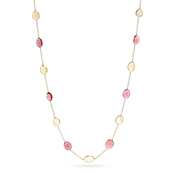 Moonstone and Pink Tourmaline Rose Cut Necklace, 18K