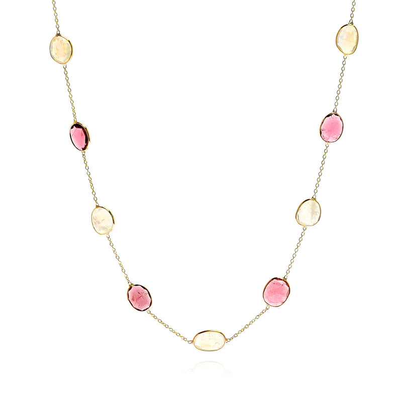 Moonstone and Pink Tourmaline Rose Cut Necklace, 18K