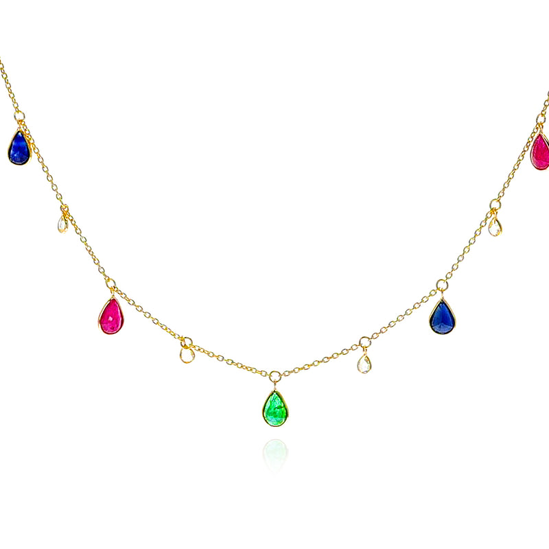 Pear Ruby Emerald Sapphire and Diamond Rose Cut Drop Necklace, 18K