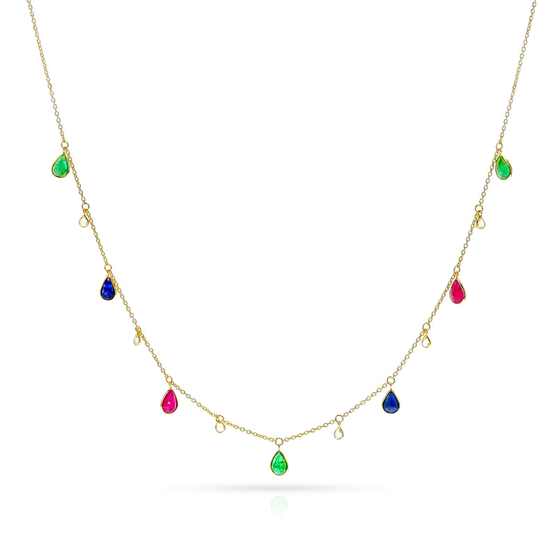 Pear Ruby Emerald Sapphire and Diamond Rose Cut Drop Necklace, 18K