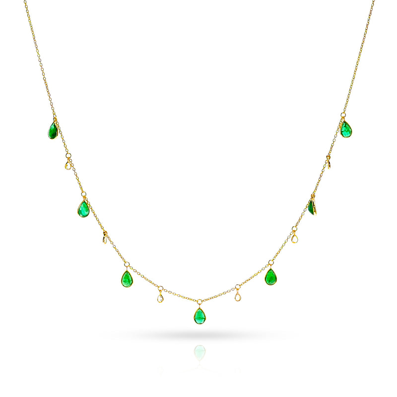 Emerald Pear and Diamond Rose Cut Drops Necklace, 18K