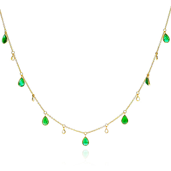 Emerald Pear and Diamond Rose Cut Drops Necklace, 18K
