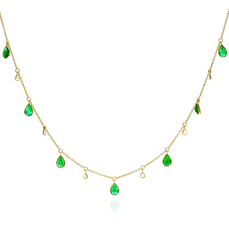 Emerald Pear and Diamond Rose Cut Drops Necklace, 18K