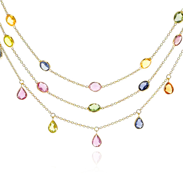 Triple Line Multi Sapphire Oval and Pear Shaped Necklace, 18K