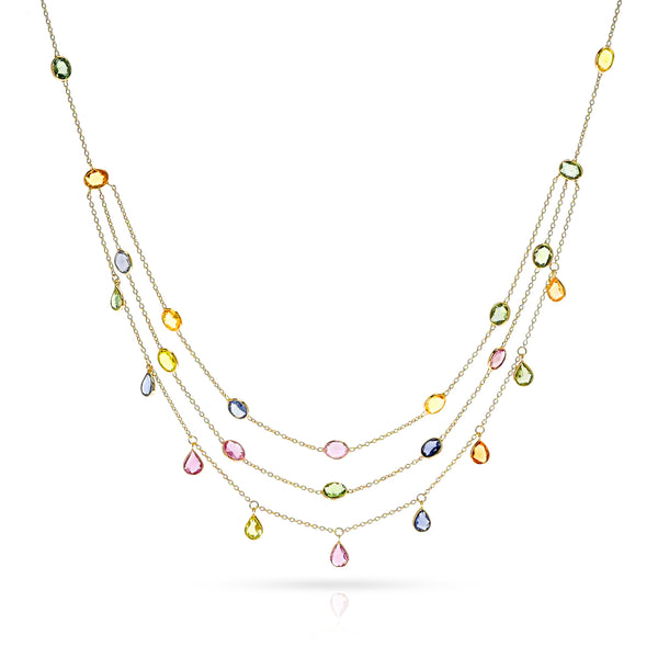 Triple Line Multi Sapphire Oval and Pear Shaped Necklace, 18K