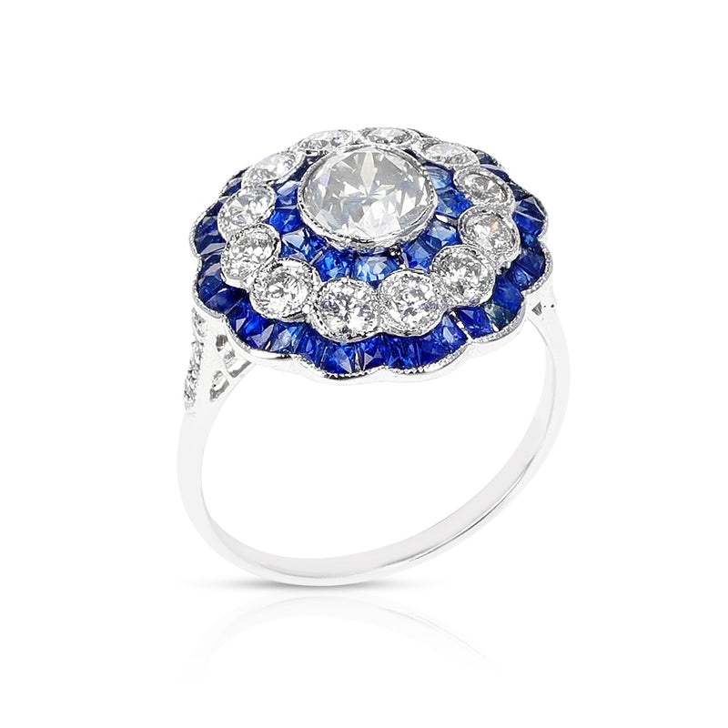 Art Deco Style Diamond Old European-Cut and Sapphire Engagement Ring, 18k White
