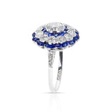 Art Deco Style Diamond Old European-Cut and Sapphire Engagement Ring, 18k White
