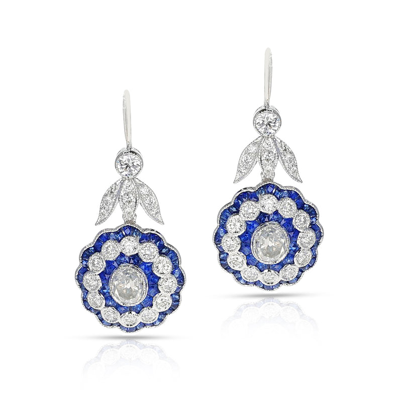 Art Deco Style Diamond Old European-Cut and Sapphire Earrings, 18k White