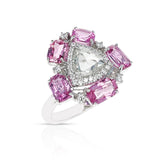 Triangular White Diamond Rose Cut Ring with Diamonds and Pink Sapphire, 18K