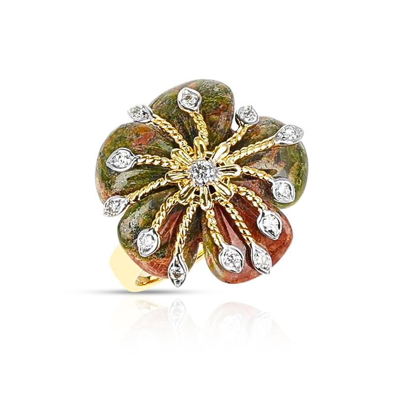 Unakite Carved Floral Ring with 14k Goldwork and Diamonds