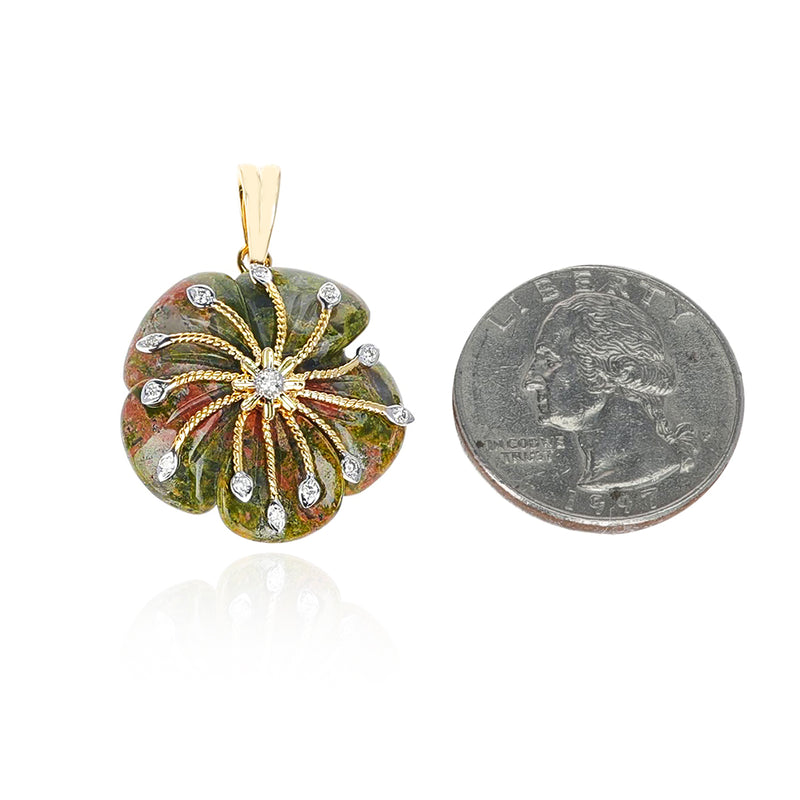 Unakite Carved Floral Pendant with 14k Goldwork and Diamonds