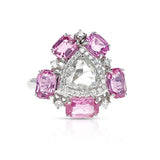 Triangular White Diamond Rose Cut Ring with Diamonds and Pink Sapphire, 18K