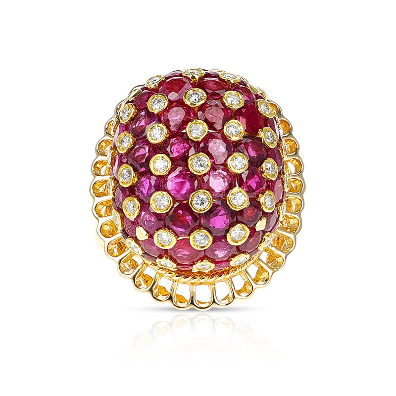 Ruby and Diamond Cluster Dome Cocktail Ring, 18K Yellow Gold