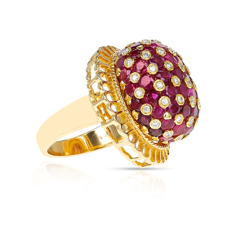 Ruby and Diamond Cluster Dome Cocktail Ring, 18K Yellow Gold