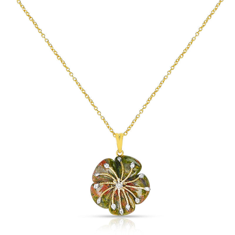 Unakite Carved Floral Pendant with 14k Goldwork and Diamonds