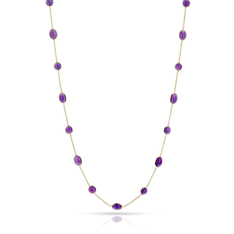 Oval and Round Amethyst Cabochon Necklace , 18k Yellow Gold