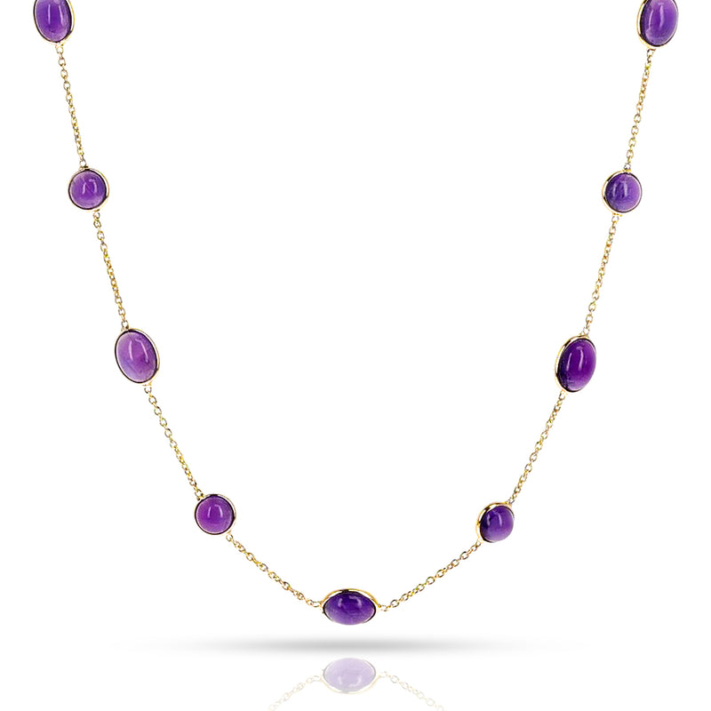 Oval and Round Amethyst Cabochon Necklace , 18k Yellow Gold