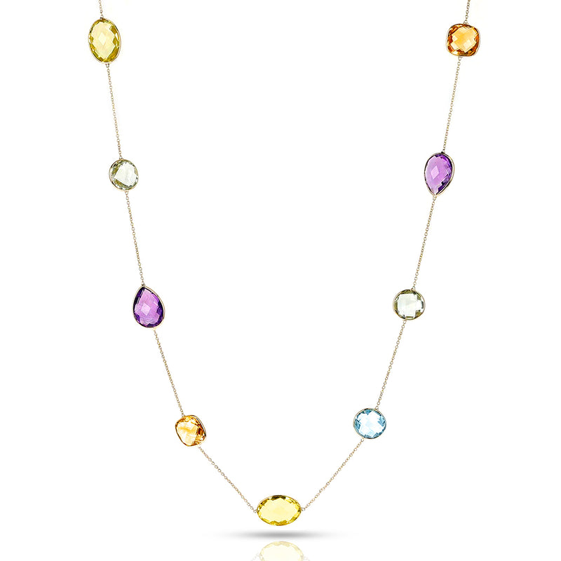 Mixed Cut Citrine, Amethyst, Topaz 38" Necklace, 18k Yellow Gold
