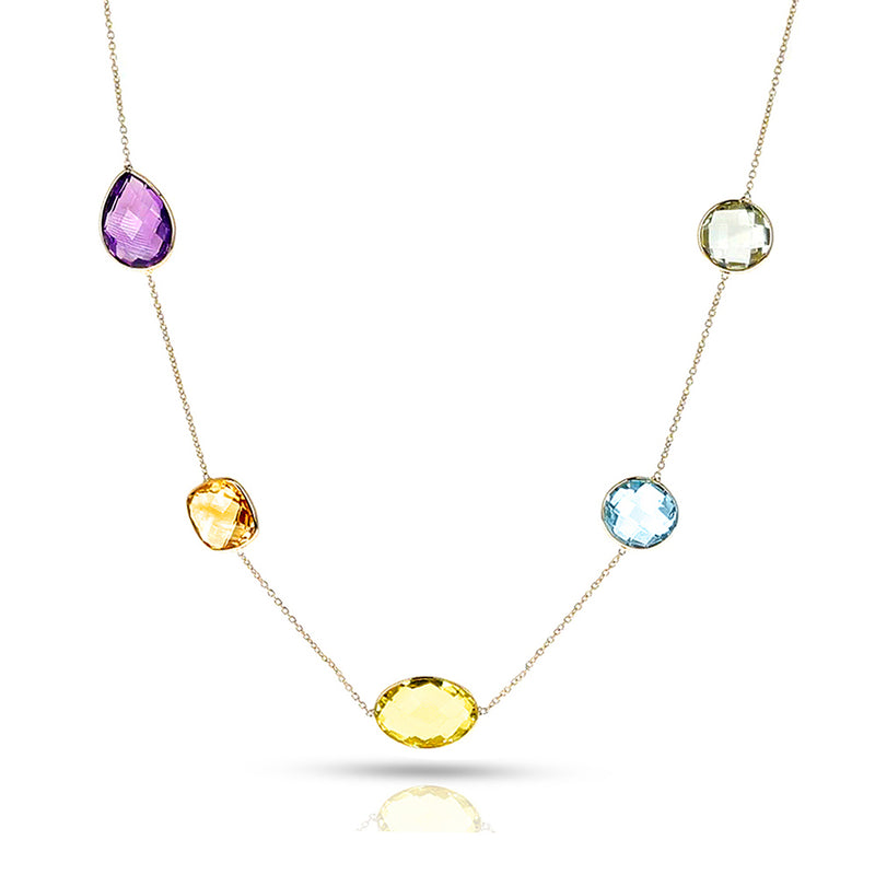 Mixed Cut Citrine, Amethyst, Topaz 38" Necklace, 18k Yellow Gold