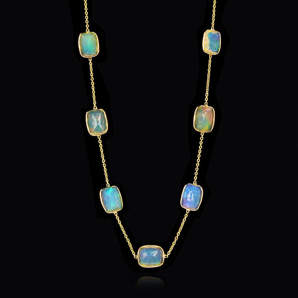 Rectangular Opal Rose-Cut Necklace, 18k Yellow Gold