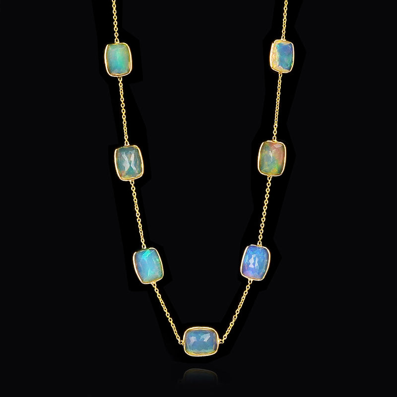 Rectangular Opal Rose-Cut Necklace, 18k Yellow Gold