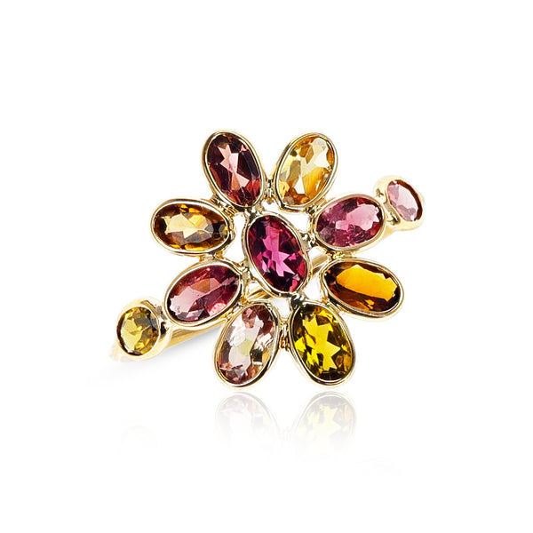 Tourmaline Floral Ring with Side Ovals, Yellow Gold