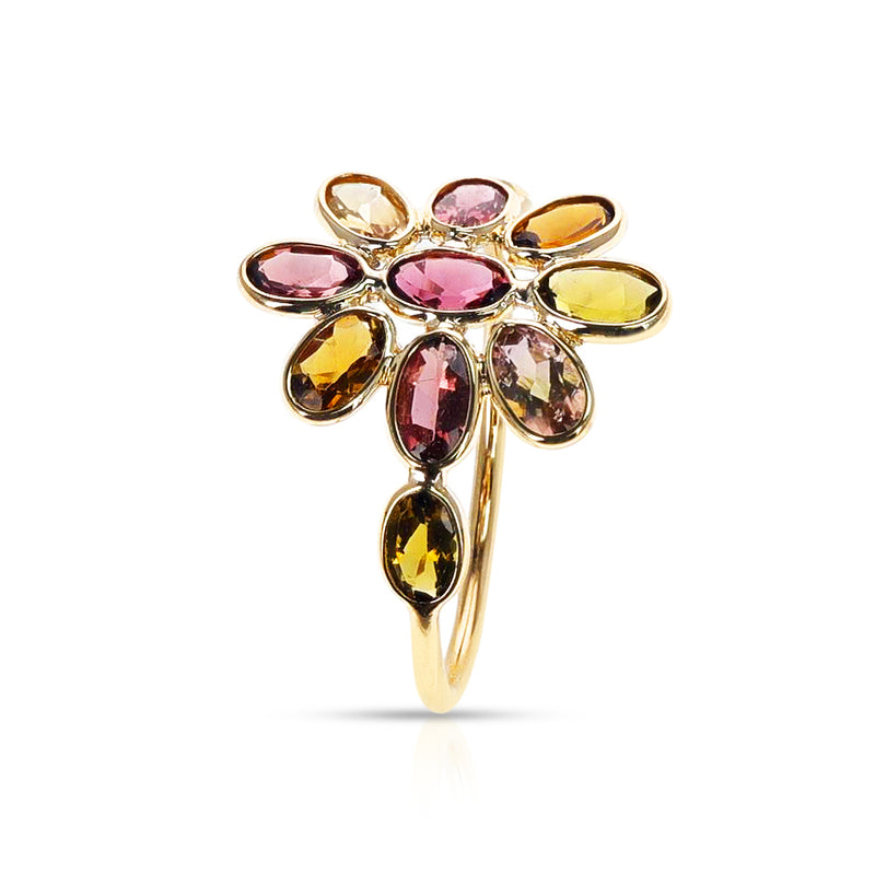 Tourmaline Floral Ring with Side Ovals, Yellow Gold