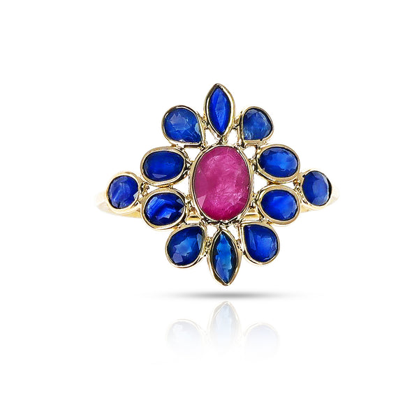 Sapphire and Ruby Floral Ring, Yellow Gold