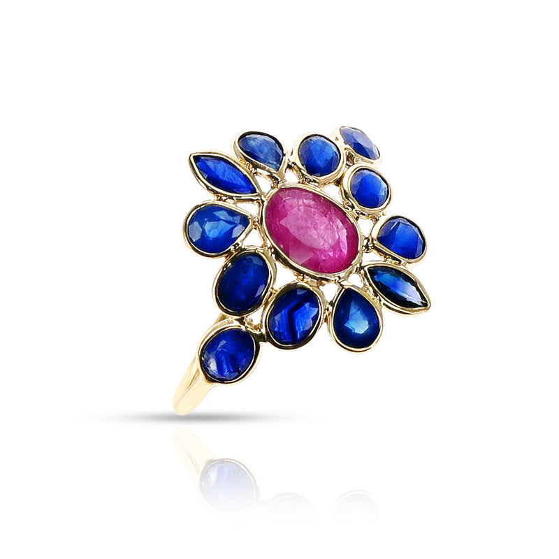 Sapphire and Ruby Floral Ring, Yellow Gold